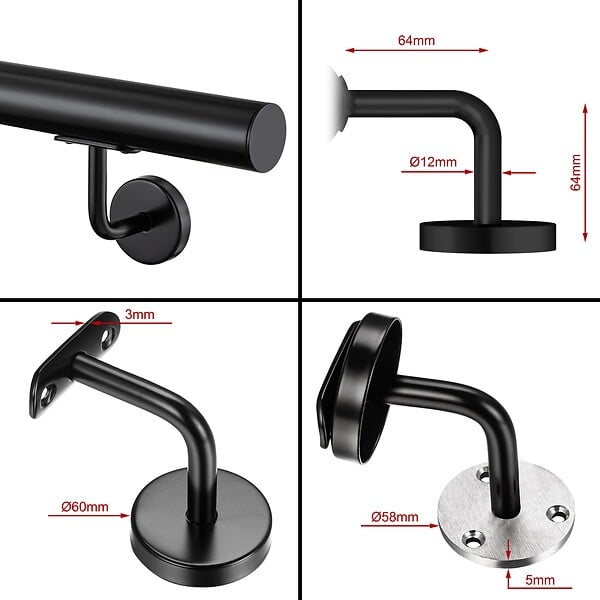 AICA SANITAIRE - Main courante inox 304 pour intérieur et extérieur -couleur noir- en 100cm- Fixation murale incluse - large