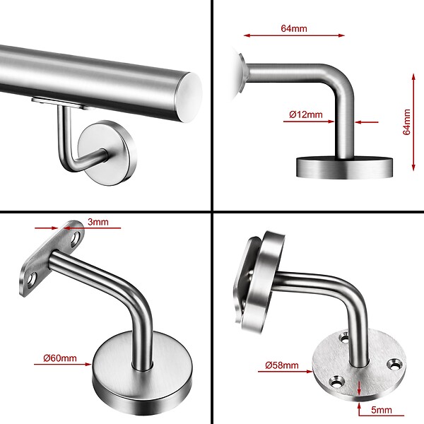 AICA SANITAIRE - Main courante inox 304 pour intérieur et extérieur -couleur argent- en 100cm- Fixation murale incluse - large
