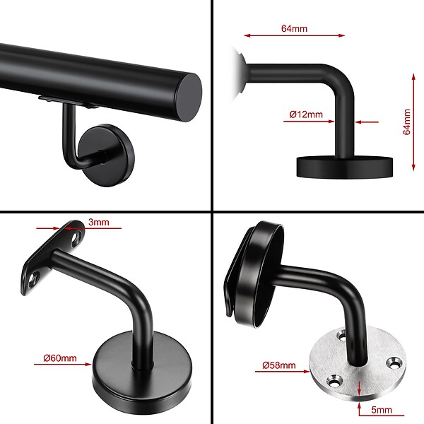 AICA SANITAIRE - Main courante inox 304 pour intérieur et extérieur -couleur noir- en 120cm- Fixation murale incluse - large
