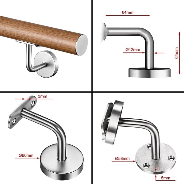 AICA SANITAIRE - Main courante inox 304 pour intérieur et extérieur -couleur marron Design bois naturel- en 240cm-Fixation murale incluse - large