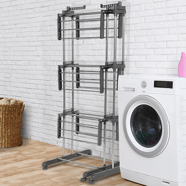 ID MARKET - Séchoir à linge vertical pliable et extensible 3 niveaux GIGA capacité 27M avec cintres et pinces inox et gris - large