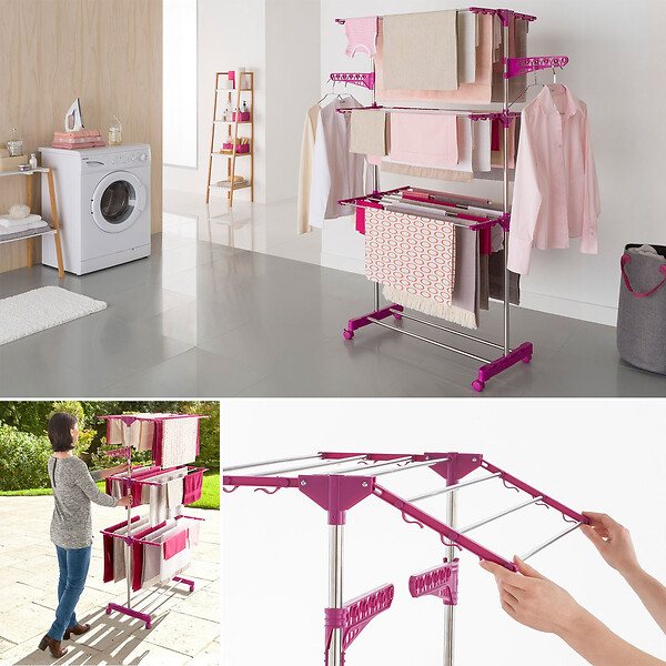 ID MARKET - Séchoir à linge vertical pliable 3 niveaux MAXIMA capacité 20M inox et rose - large