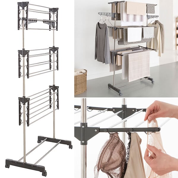 ID MARKET - Séchoir à linge vertical pliable 3 niveaux MAXIMA capacité 20M inox et gris - large