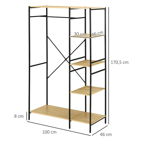 HOMCOM - Penderie portant à vêtements style industriel en métal avec tringle et 4 étagères - dim. 100L x 46L x 170,5H cm - métal aspect chêne clair - large