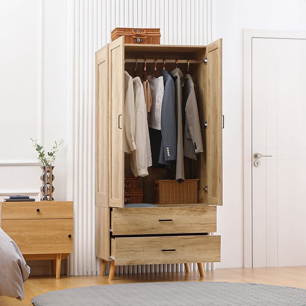 HOMCOM - Armoire de rangement design scandinave - armoire de chambre - placard 2 portes avec penderie - 2 tiroirs - aspect chêne clair - large