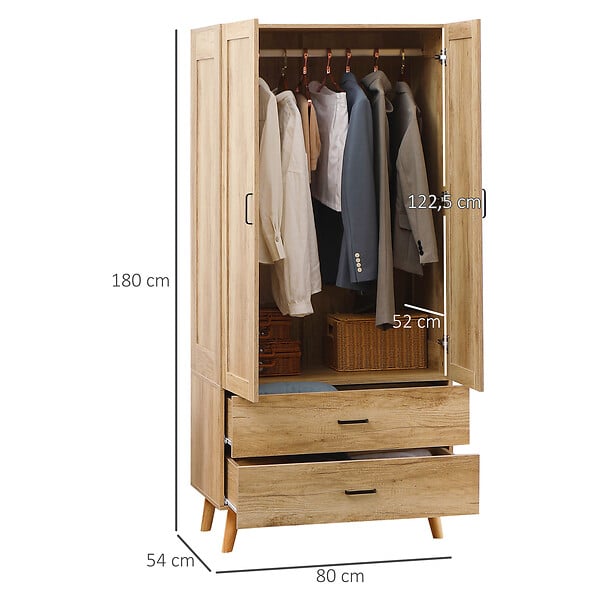 HOMCOM - Armoire de rangement design scandinave - armoire de chambre - placard 2 portes avec penderie - 2 tiroirs - aspect chêne clair - large