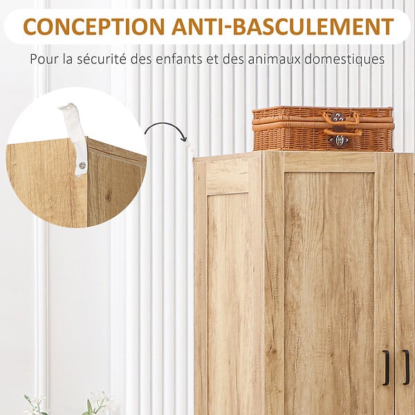 HOMCOM - Armoire de rangement design scandinave - armoire de chambre - placard 2 portes avec penderie - 2 tiroirs - aspect chêne clair - large
