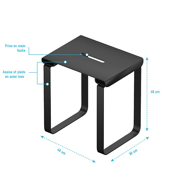 AURLANE - SIEGE DE DOUCHE EN INOX NOIR MAT - 40x30x46 cm - large