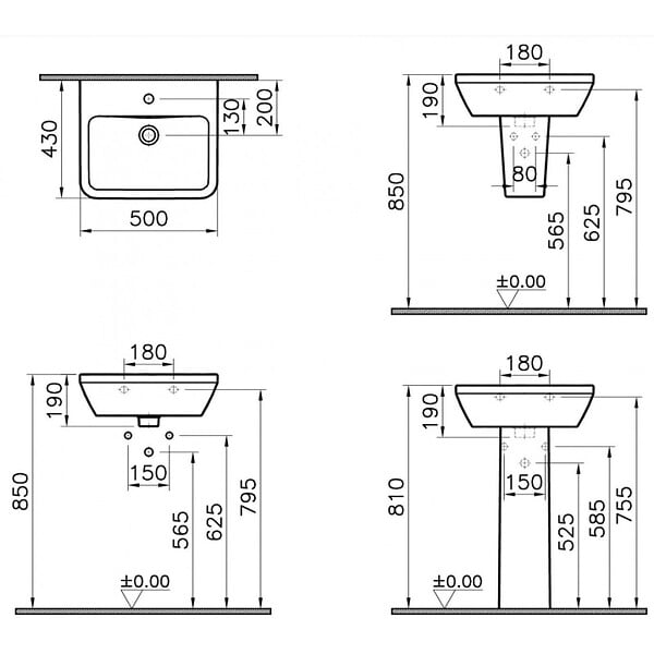 VITRA - VitrA Integra lavabo suspendu 50 × 43 cm avec trou pour robinetterie au milieu, blanc003-0001) - large