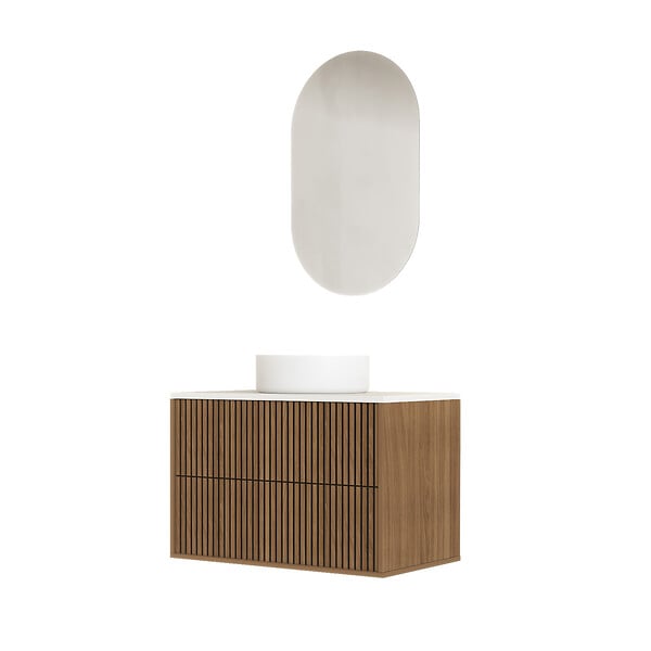 AURLANE - Meuble Salle de Bains 60 2 Tiroirs Décor Chêne et Noir - Vasque et Plan Blancs - Miroir Ovale - large