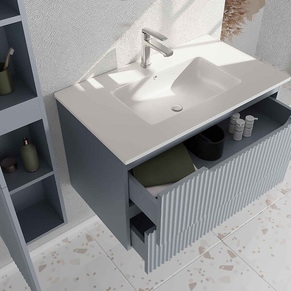 AURLANE - Meuble et colonne de Salle de Bains LEON 80cm Gris Souris - Façades Ondulées - Vasque Blanche Mate - large