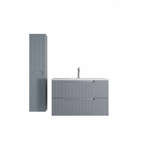 AURLANE - Meuble et colonne de Salle de Bains LEON 80cm Gris Souris - Façades Ondulées - Vasque Blanche Mate - large