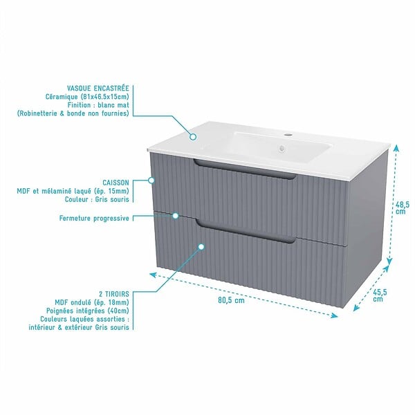 AURLANE - Meuble et colonne de Salle de Bains LEON 80cm Gris Souris - Façades Ondulées - Vasque Blanche Mate - large