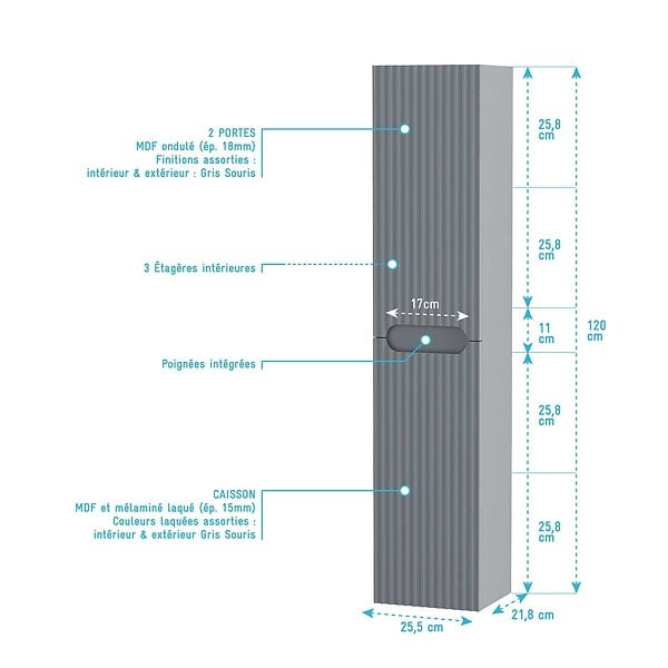 AURLANE - Meuble et colonne de Salle de Bains LEON 80cm Gris Souris - Façades Ondulées - Vasque Blanche Mate - large