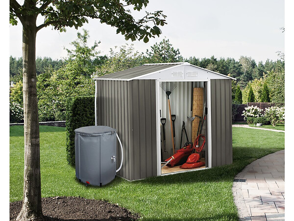 HABITAT ET JARDIN - Abri jardin métal "Dallas" - 4.07 m² avec gouttière et récupérateur d'eau - Taupe - large