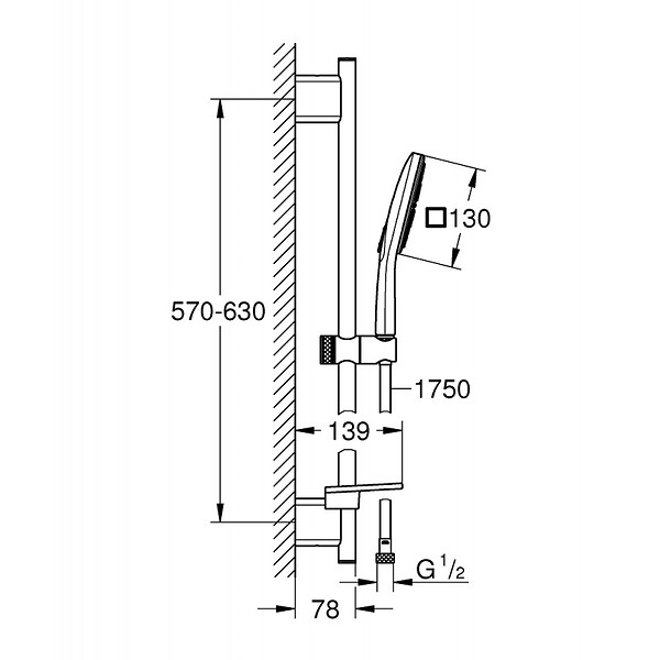 GROHE - Ensemble VITALIO SMARTACTIVE 130 CUBE GROHE 26584000 douchette 3 jets + barre 60 cm + flexible 175 cm - chrome - large