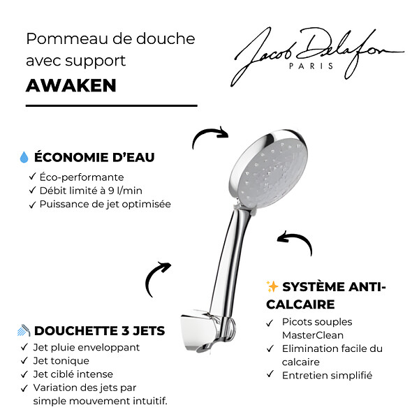 JACOB DELAFON - Douchette 3 jets Awaken organic avec support - large