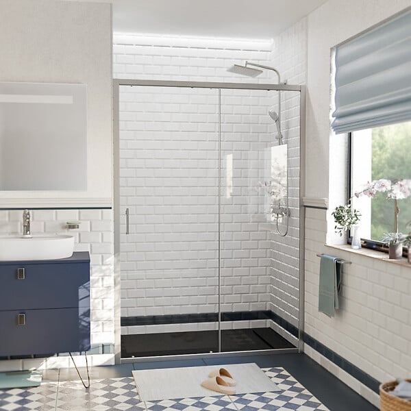 CERAMIA - Ceramia PURA Porte de douche 140x195cm coulissante anticalcaire avec profilés Chrome brillant (CERAHP140C) - large
