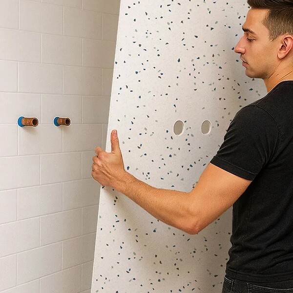 99DECO - Lot de 2 panneaux de douche en aluminium (90x220 & 120x220 cm) + profilés blanc - Terrazzo Mineral - Multicolore - large