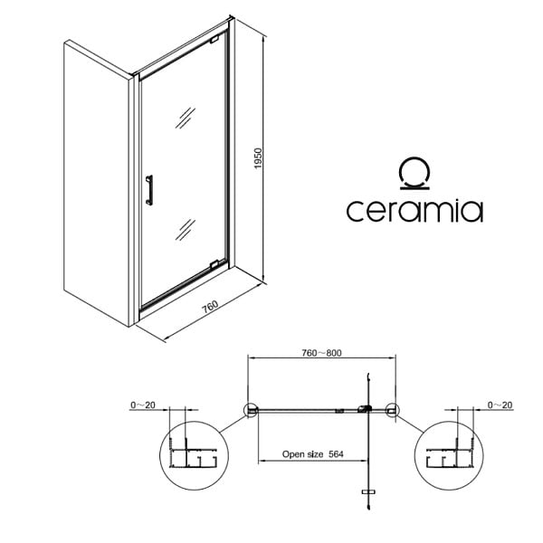 CERAMIA - Ceramia Zenith Porte de douche 80x195cm pivotante anticalcaire avec profilés Noir mat (CERAHZ80B) - large