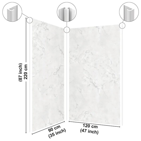 99DECO - Lot de 2 panneaux de douche en aluminium (90x220 & 120x220 cm) + profilés blanc - Effet Marbre clair - large