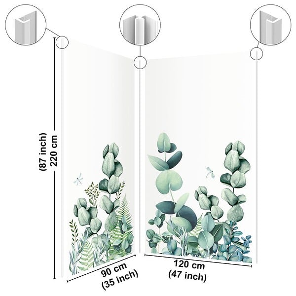 99DECO - Lot de 2 panneaux de douche en PVC (90x220 & 120x220 cm) + profilés blanc - Motif végétal - Vert et Blanc - Quiétude - large