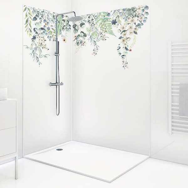 99DECO - Lot de 2 panneaux de douche en PVC (90x220 & 120x220 cm) + profilés blanc - Flowers in Rain - Multicolore - large