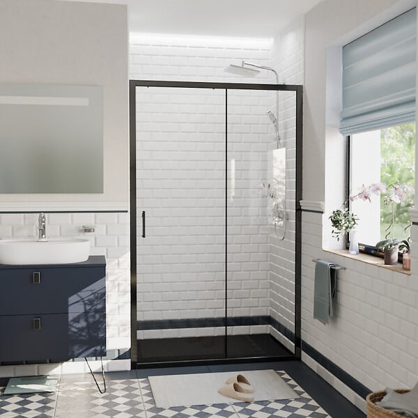 CERAMIA - Ceramia PURA Porte de douche 100x195cm coulissante anticalcaire avec profilés Noir mat (CERAHP100B) - large