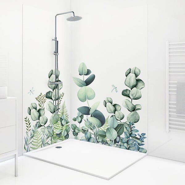 99DECO - Lot de 2 panneaux de douche en aluminium (90x220 & 120x220 cm) + profilés blanc - Motif végétal - Vert et Blanc - Quiétude - large