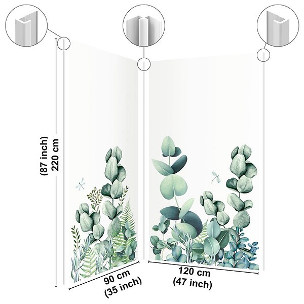 99DECO - Lot de 2 panneaux de douche en aluminium (90x220 & 120x220 cm) + profilés blanc - Motif végétal - Vert et Blanc - Quiétude - large