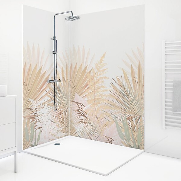 99DECO - Lot de 2 panneaux de douche en aluminium (90x220 & 120x220 cm) + profilés blanc - Motif végétal - Beige - Gaïa - large