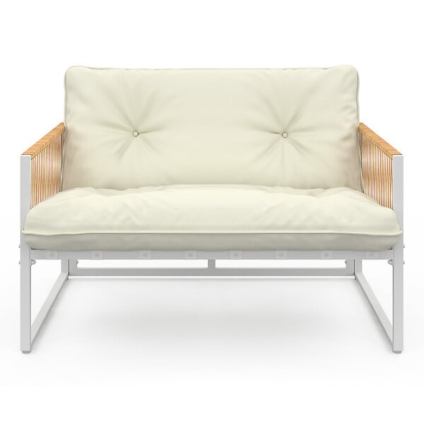ID MARKET - Salon de jardin bas RIO 6 places structure métal blanc et cordage effet rotin avec coussins beige - large
