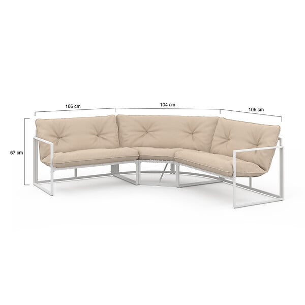 ID MARKET - Salon de jardin bas NAIROBI 8 places salon d'angle en acier blanc et coussins beiges - large