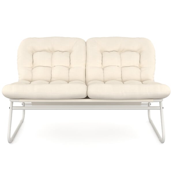 ID MARKET - Salon de jardin bas ARONA 4 places en acier blanc et coussins beiges avec canapé, fauteuils et table - large