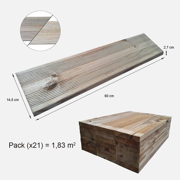 VINUOVO - Pack 21 Lames terrasse bois autoclave  60 x 14,5 x 2,7 cm (Long.x larg. x épaisseur)  1 côté lisse / 1 rainuré - large