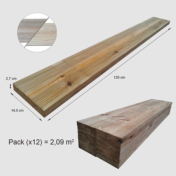 VINUOVO - Pack 12 Lames terrasse bois autoclave  120 x 14,5 x 2,7 cm (Long.x larg. x épaisseur)  1 côté lisse / 1 rainuré - large