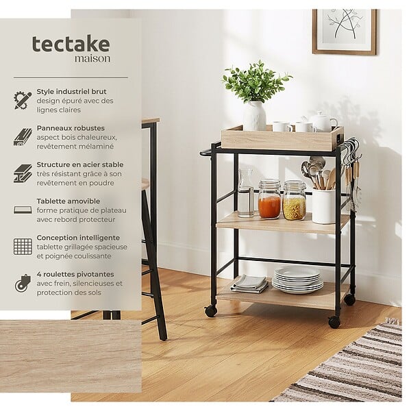 TECTAKE - Chariot de service Worcester 65x41,5x87cm Bois clair industriel, Chêne Sonoma - large