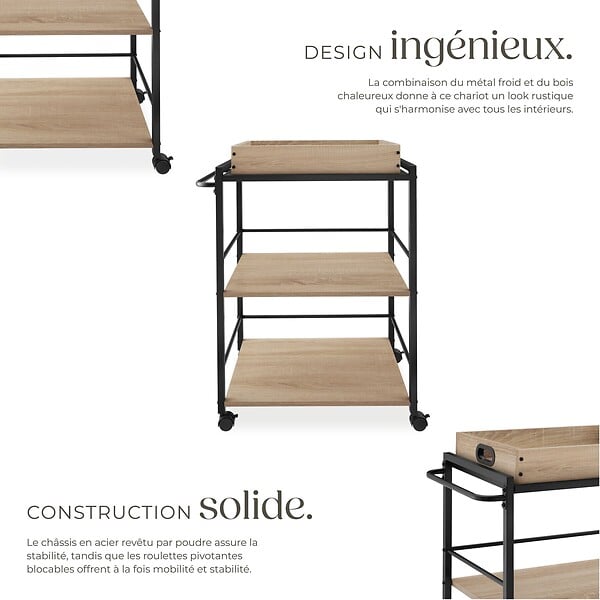 TECTAKE - Chariot de service Worcester 65x41,5x87cm Bois clair industriel, Chêne Sonoma - large