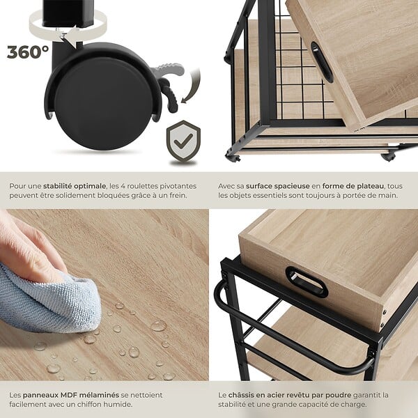 TECTAKE - Chariot de service Worcester 65x41,5x87cm Bois clair industriel, Chêne Sonoma - large