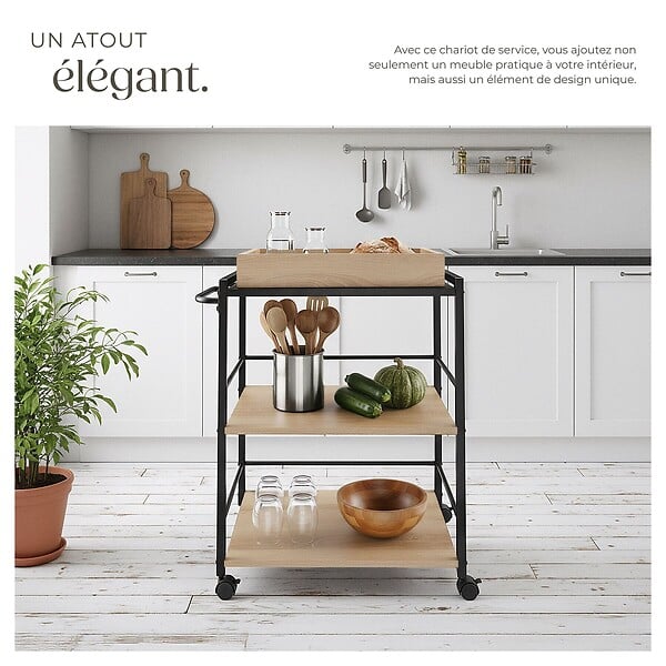 TECTAKE - Chariot de service Worcester 65x41,5x87cm Bois clair industriel, Chêne Sonoma - large