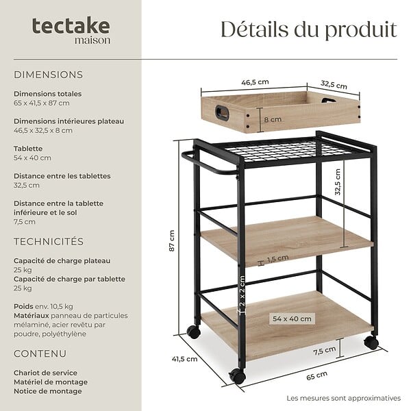 TECTAKE - Chariot de service Worcester 65x41,5x87cm Bois clair industriel, Chêne Sonoma - large