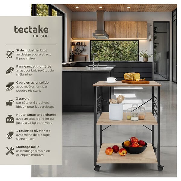 TECTAKE - Chariot de service Rugby 65,5x45,5x88,5cm Bois clair industriel, Chêne Sonoma - large
