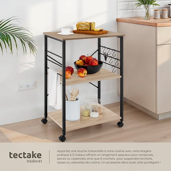 TECTAKE - Chariot de service Rugby 65,5x45,5x88,5cm Bois clair industriel, Chêne Sonoma - large