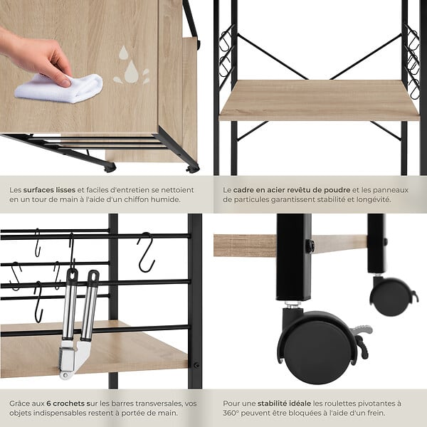 TECTAKE - Chariot de service Rugby 65,5x45,5x88,5cm Bois clair industriel, Chêne Sonoma - large