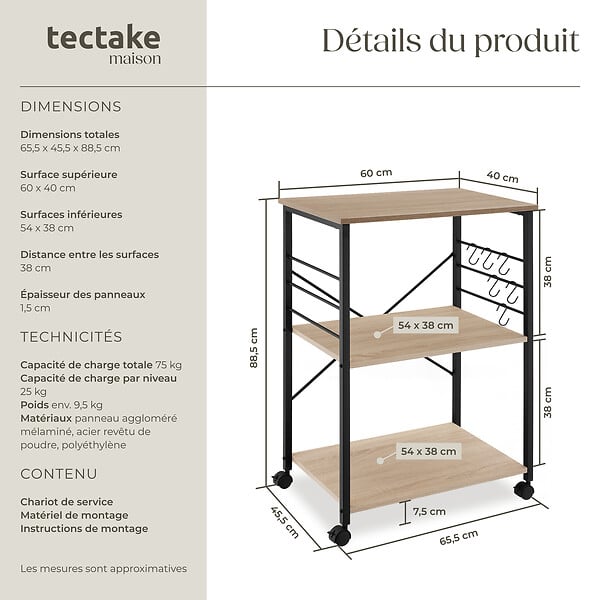 TECTAKE - Chariot de service Rugby 65,5x45,5x88,5cm Bois clair industriel, Chêne Sonoma - large