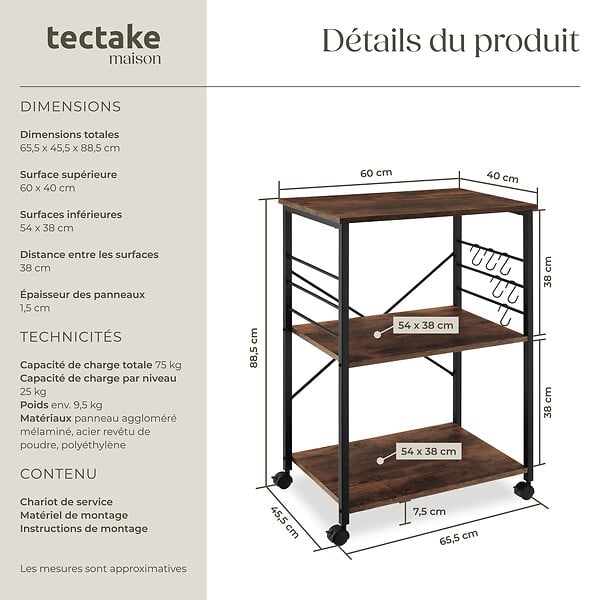 TECTAKE - Chariot de service Rugby 65,5x45,5x88,5cm Bois foncé industriel, rustique - large