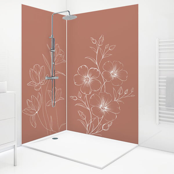 99DECO - Lot de 2 panneaux de douche en PVC (90x220 & 120x220 cm) + profilés blanc - Charme - Blanc et Terracotta - large