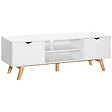 HOMCOM - Meuble TV bas sur pied style scandinave 2 portes 2 niches passe-fils panneaux particules MDF blanc bois massif hévéa - vignette