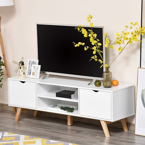 HOMCOM - Meuble TV bas sur pied style scandinave 2 portes 2 niches passe-fils panneaux particules MDF blanc bois massif hévéa - large