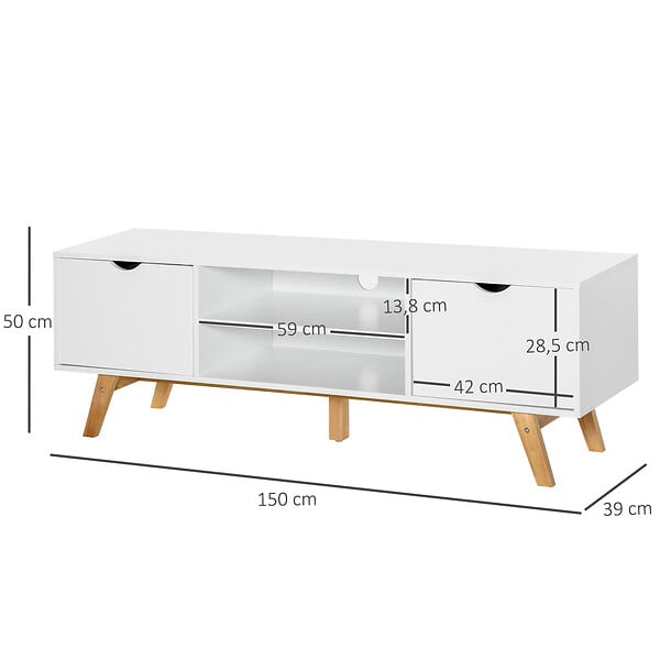 HOMCOM - Meuble TV bas sur pied style scandinave 2 portes 2 niches passe-fils panneaux particules MDF blanc bois massif hévéa - large